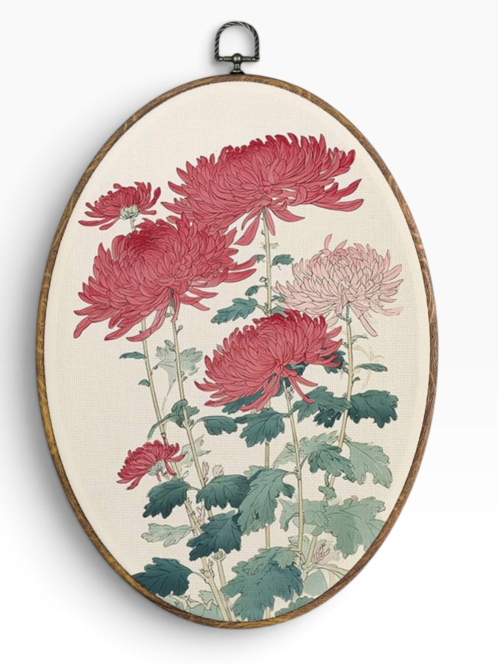Vintage-style Chrysanthemum Floral Oval Canvas Wall Art Room Decor 8”x11”